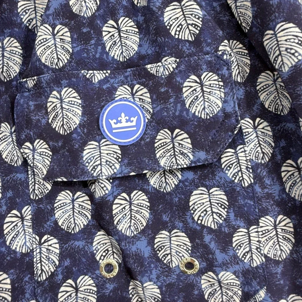 Peter Millar Swim Trunks Mens XL Navy Blue Monstera Leaf Seaside Mesh Lined 8in
